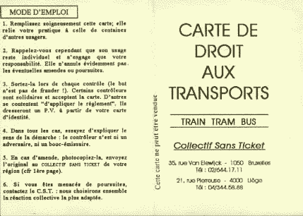 Carte de droit aux transports, diffus�e par le Collectif sans Ticket en Belgique
