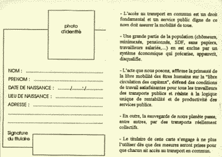 Carte de droit aux transports, diffus�e par le Collectif sans Ticket en Belgique